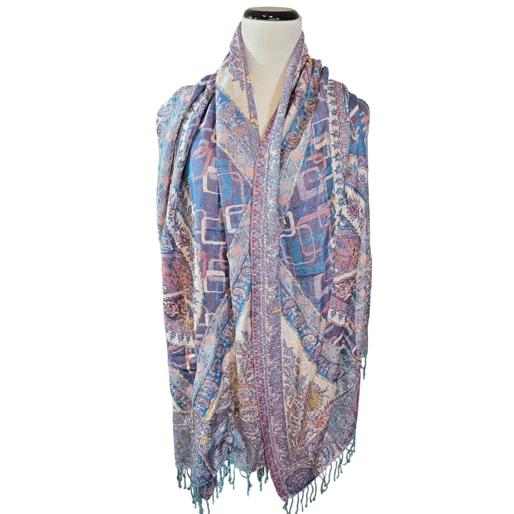Raj Paisley Print Rayon‎ Scarf Wrap Shawl Blue Pink Embroidered Tassels One Size
